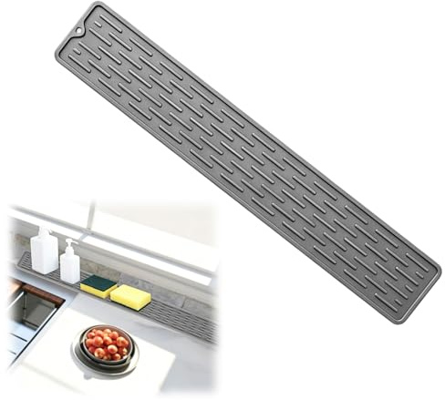 Silicone Sink Faucet Mat for Kitchen Sink, Narrow Splash Guard & Draining Mat – Non-Slip Sink Protector for Countertops, Extended Sink Protector for Kitchen, Bathroom, and Living Room – Light Grey