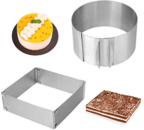 Meichu Adjustable Cake Ring 2 Pack, 6 to 12 Inch Stainless Steel Mousse Cake Mold Ring with scaling for Kitchen DIY Pastry, Square and Round
