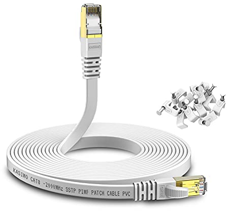 KASIMO Cat 8 Flat Ethernet Cable 10M Internet LAN Cable with Cable Clips 40Gbps 2000MHz High Speed Network Patch Cable White SSTP Ethernet Cord with RJ45 Connector for Router Modem Switch Gaming