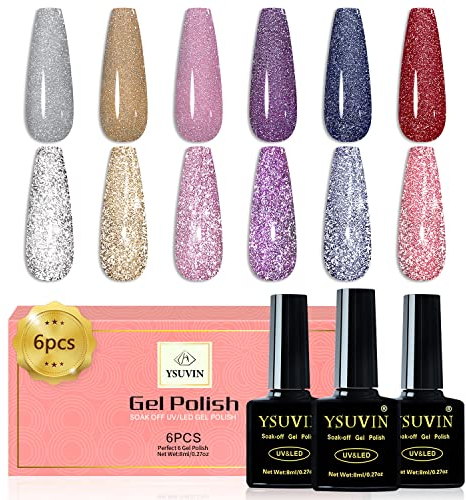 YSUVIN UV Nagellack, 6 Farben Reflektierendes Glitzer Gel Nagellack Set Glänzender Funkelnder Silber Gold Blau Rosa Lila Rot Diamant Nagellacks für Frauen DIY Maniküre Heimsalon Nageldesign, 8ml
