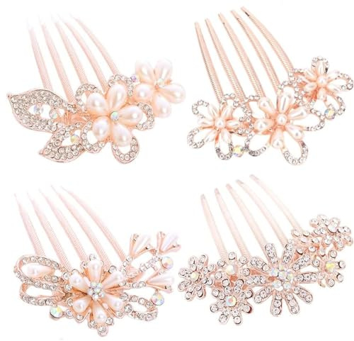 4 Stück Braut Hochzeit Haarkamm Haarschmuck, Blume Hochzeit Haarkamm, Strass Braut Haarkamm, für Hochzeit Brautjungfer Frau Mädchen Mutter Geschenk (Roségold)