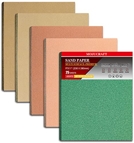 Mojucraft 25 Stück Schleifpapier Profi Set für Holz Metall Möbel Handschleifmaschine - 80/120/150/220/320 Körnung zum Schneiden 23cm * 28cm