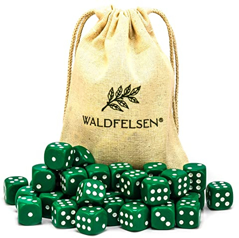 Waldfelsen 6, 12, 20, 30 o 50 dadi di alta qualità, dimensioni standard 16 mm, dadi acrilici, dadi da gioco, 6 lati, set di accessori da gioco con sacchetto di stoffa (verde, 30 pezzi)
