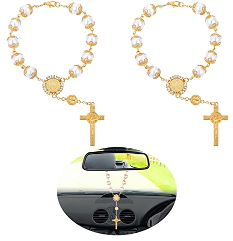 TIESOME 2 Stück Auto Rosenkranz Rückspiegel Auto Rosenkranz Perlen mit Kreuz und Medaille Hängende Zubehör für Inneneinrichtung (Gold)