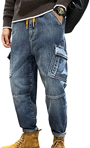 GUOCU Mens Combat Trousers Casual Cargo Jeans Work Denim Pants All Waist Carrot Fit Trousers Hip Hop Multi Pocket Washed Distressed Jeans Blue 30W