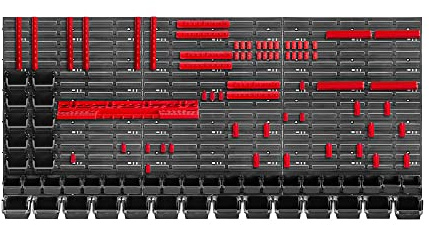 KADAX Werkzeugwandregal Groß, 174x78cm Lagersystem aus robustem Kunststoff, UV-Resistentes Modul-System, Erweiterbare Wandplatten, Werkstattregal für Garage (Rot&Schwarz, 110 tlg.)