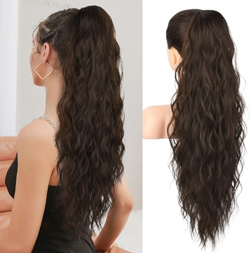 REECHO Pferdeschwanz Haarverlängerung, 66 cm Long Beach Gewellt Zugband Ponytail Extension Synthetischer Pferdeschwanz Haarteil für Frauen – dunkles Schokoladenbraun