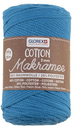 GLOREX 5 1008 38 - Makramee Cotton 2 mm, 250 g, Neon Blau, Länge 225 m, dreifachgedrehtes Baumwollgarn, 100 % Baumwolle, zum Häkeln, Stricken, Knüpfen und Gestalten