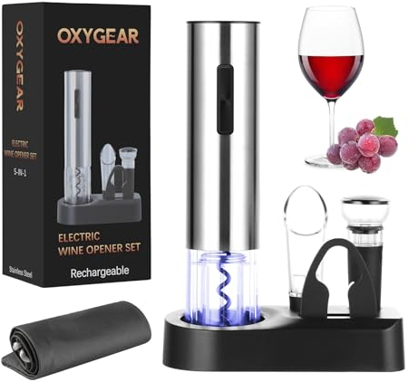 OxyGear Electric Wine Bottle Opener 5-in-1 Set, Rechargeable Automatic Corkscrew Opener with Wine Aerator Pourer, Foil Cutter, Stopper, Storage Base (Stainless Steel)