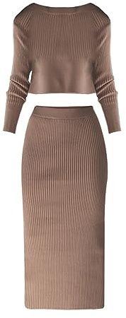Conjunto de Falda y Jersey de Punto, Vestido para Mujer, Traje de Invierno y Primavera, 2 Piezas, Elegante Acanalado, Camiseta Corta de Manga Larga
