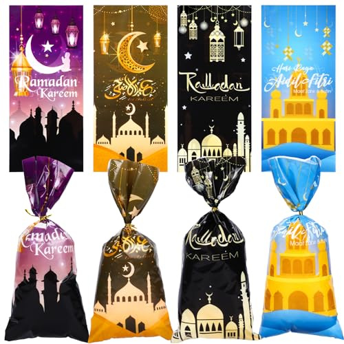 100 Stück Ramadan Tüten zum Befüllen,Eid Mubarak Dekoration,4 Muster Ramadan Geschenktüten Thema Bedruckt Muster Geschenktasche,Ramazan Dekor,Geschenktasche Zellophan mit Gold Krawatten Partytüten