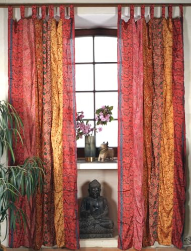 Boho Patchwork Vorhänge, 1 Paar aus Sareestoff, Unikat 300 cm, orange | 100 % Polyester, blickdicht, gemütliches Boho-Ambiente, ideal für Fenster und Türen, vielseitig einsetzbar.