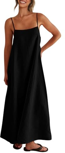 Shy Velvet Women's Linen Maxi Dress Spaghetti Strap Casual Boho Dress Black