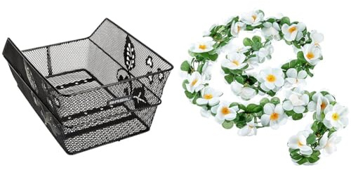 Basil 11175 Cento Flower Fahrradkorb, Schwarz, 47 cm x 31 cm x 21 cm & Blumengirlande Flower Garland, weiß, One Size, 50182