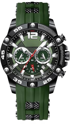 RORIOS Relojes Moda de Pulsera para Hombres Reloj Silicona Deportivos Reloj Analógico Cuarzo Reloj Multifuncional Cronógrafo Reloj Luminoso Calendario Verde