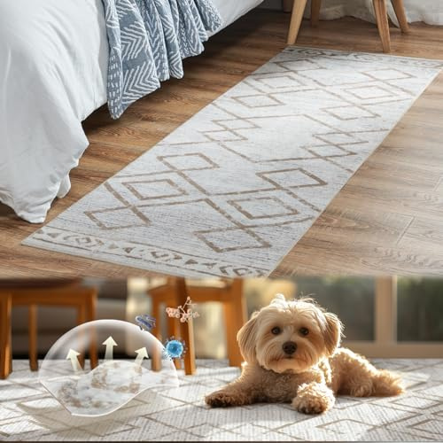 TOPICK Fußmatte Waschbar Fussmatte Innen Modern Geometrischer Teppich Dünner Antibakterieller Faltbar rutschfest Türmatte Weich für Haustür Eingangs Küche Patio Flur Schlafzimmer 60x90cm Taupe