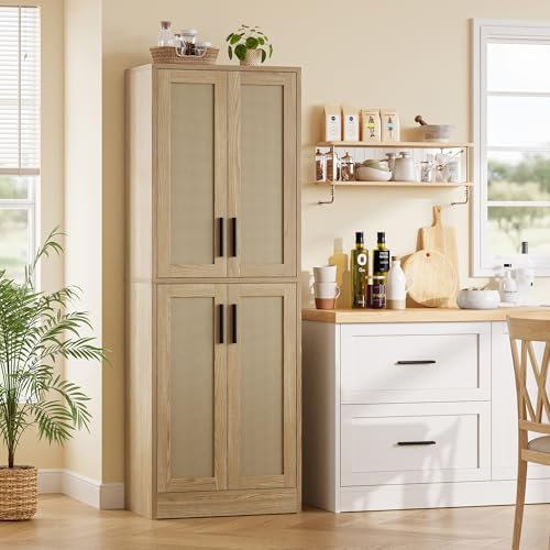 Homzbesy Pantry - Kitchen Pantry Cabinet, Tall Storage Rattan Cabinet with 4 Doors and Adjustable Shelves, Linen Closet Freestanding Cupboard for Dining Room Living Room, Laundry, Bathroom