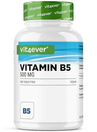 vit4ever Vitamine B5 (Acide Pantothénique) - 500 mg - 365 Comprimés | Réserve 1 An - Haute dose - Sans additifs inutiles - Vegan