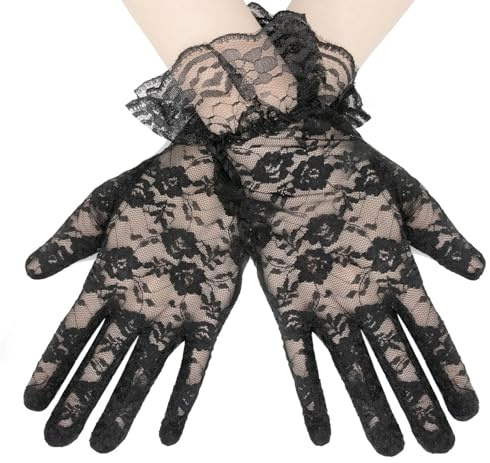 Long Keeper Guantes de Encaje Elegantes Cortos Guantes Boda Blanco Negros Guantes Disfraz de Cosplay Guantes de Encaje Floral para Mujer Boda Fiesta (Negro)