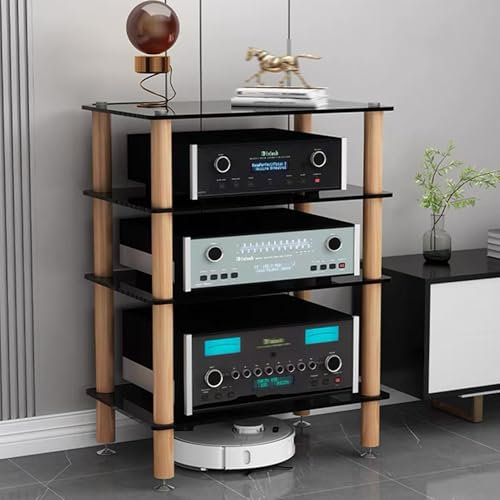 GUAWJRZDP Rack Audio, Rack Hi Fi con Pannello In Vetro Temperato, Mobile Stereo Hi Fi Rack Hi Fi, Mobiletto Stereo con Piedini Ammortizzanti, Cabinet Audio Hi Fi Aperto, con Colonne In Legno(Black+woo