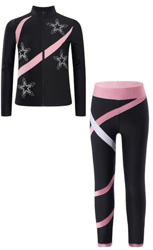 Manyakai Ensemble de Sport Enfant Fille Veste de Patinage Artistique et Pantalons Patinage Sur Glace Gymnastique 5-16 Ans Rose 11-12 ans