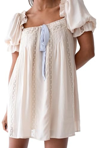 HzDazrl Women Cute Babydoll Mini Dress Puff Short Sleeve Square Neck A Line Dress Summer Y2k Flowy Fairy Short Dress (Lace Patchwork Ivory, S)