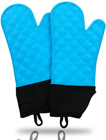 GEEKHOM Silikon Ofenhandschuhe Hitzebeständig Topfhandschuhe BBQ Handschuhe Wasserdicht Küchenhandschuhe für Backofen Grillen Mikrowelle, rutschfeste Backhandschuhe Mit Fingern, Blau, L