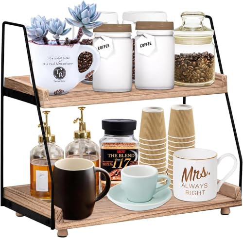 Zoutpy Organizador de café y té, organizador de accesorios de madera de 2 niveles, encimeras de especias para cocina, estante de encimera para baño, soporte de café para estación de café y oficina