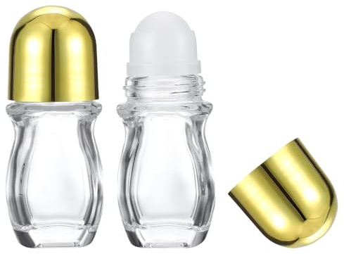 PATIKIL 30ml Glass Empty Roller Bottles, 2 Pcs Leak-Proof Massage Rollerball Container with Plastic Roller Ball for Storing Essential Oils Perfume, Gold