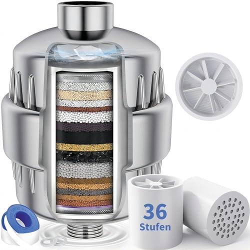 Aiyraa 36-Stufen Shower Filter With Vitamin C & E - 2 Filterpatronen For Hard Water, Chlor & Heavy Metals Removal - Kalkfilter Dusche Mit Lüfterblättern Improves Skin/Hair/Nails - Wasserfilter Dusche