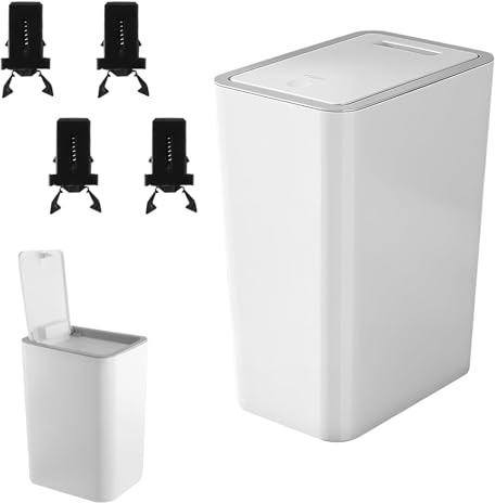 Pattumiera da Bagno con Coperchio, 10L Gettacarta con Coperchio Pop Up, Cestino da Cucina Rettangolare Pattumiera con 4 Moschettoni, Bidone Della Spazzatura in Pulsante, per Cucina, Soggiorno(Bianco)