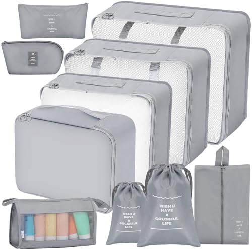 AiQInu Organizer Valigia 10 Pezzi Set, Packing Cube Set Viaggio Organizer Salvaspazio per Vestiti,Scarpe,Intimo,Prodotti Cosmetici