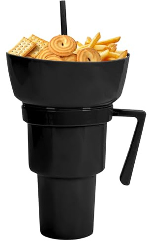 Erconsso Snack And Drink Cup, Stadium Tumbler With Snack Bowl Reusable Food Bowl With Handle & Straws Portable Food Beverage Container For Fruit Candy Chips Popcorn Beach Camping Travel Outdoor