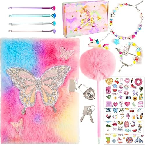 Carnet Secret Fille avec Cadenas et Clés, Journal Intime et Kawaii, Cahier Rose Peluche Papillon avec Stylo, Stickers, Collier et Bracelet, Coffret Cadeau Anniversaire Enfant 6 7 8 9 10 11 12 Ans