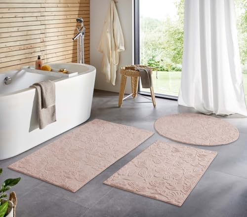 Taracarpet Badematte Badvorleger Homestyle rutschfest waschbar Badezimmerteppich Badewannenmatte, Badteppich, Duschmatte Badezimmer saugfähig Weich auch als Set Rosa Floral 050x080 cm