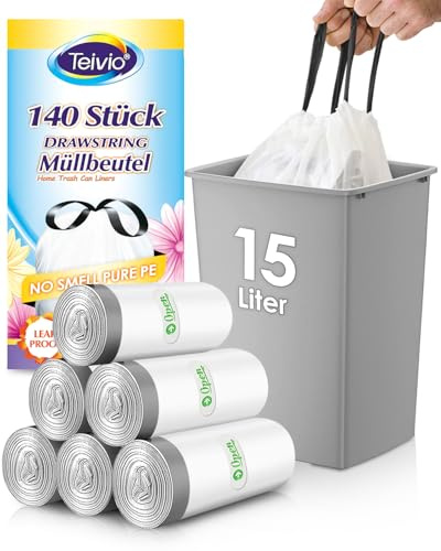 Teivio Kleine Müllbeutel mit Zugband, 15 Liter Fassungsvermögen, 140 Stück, starker Kordelzug, passend für 10–15 l Mülleimer, Abfallbeutel für Zuhause, Büro, Küche, Bad, Schlafzimmer, Weiß