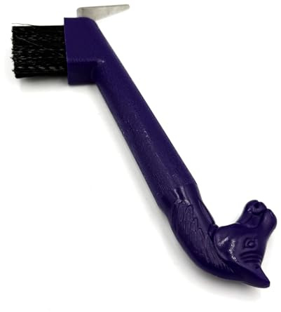JA Horse JA2011 - Raschietto per zoccoli con manico a forma di testa di cavallo, in plastica, professionale, con punta in metallo stabile e spazzola integrata per la cura quotidiana degli zoccoli