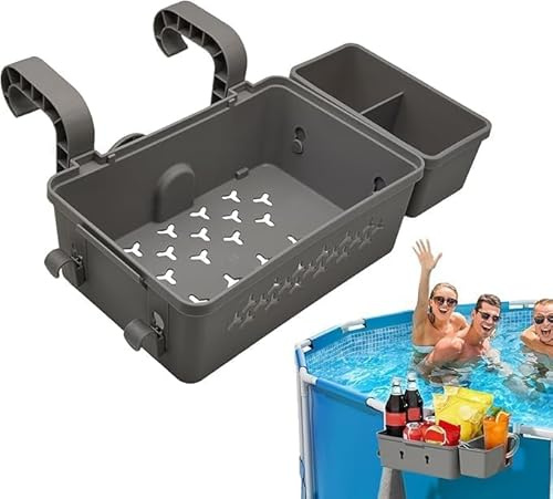 Bkazwe Cesto Portaoggetti da Appendere per Piscina Fuori Terra, Portabicchieri Integrato con 2 Portabevande + Gancio, Plastica Riciclata, Grande Capacità, Organizer Laterale per Bordo Piscina (A)