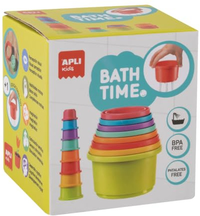 APLI Kids 20671-8 Gobelets Empilables pour Le Bain et Le Sable, sans BPA ni Phtalates, Jouet d'eau et d'Éveil Sensoriel, Collection Bath Time dès 2 Ans