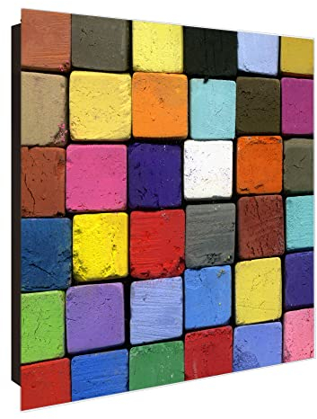 banjado Großer Schlüsselkasten Glas - Schlüsselbox 30x30cm mit 50 Haken - Schlüsselkasten modern für Schlüsselaufbewahrung mit beschreibbarer, magnetischer Glastür - Motiv Bunte Kreide