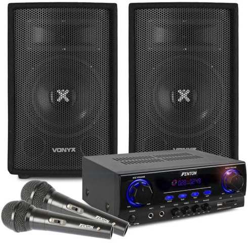 Karaoke Anlage mit 2 Mikrofonen - Vonyx SL8 PA Lautsprecher Set 400 Watt und Fenton AV440BT Bluetooth Verstärker, Mobile PA Anlage Komplettset mit Kabeln, DJ Anlage, Karaoke Set, Karaoke Maschine