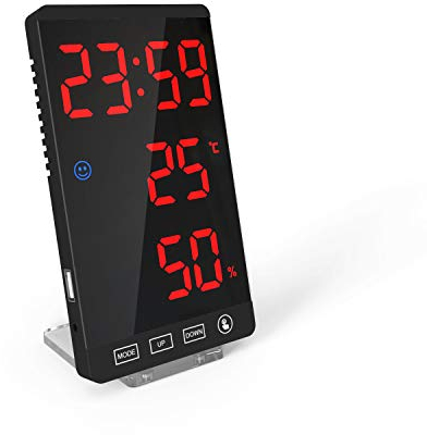 DollaTek Smart Mirror LED CLock Decorativo caricatore del telefono Sveglia Orologio digitale con luminosità a 4 livelli con display della temperatura meteorologica - guscio nero e digitale rosso