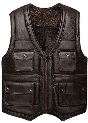 Herren V-Ausschnitt Schaffell Weste Herren Kunstleder Jacken Mäntel Warm Verdickte Weste, Braun 1, L