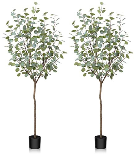 Fopamtri Künstliche Eukalyptus 150 cm Künstliche Pflanze Eukalyptus Deko für Drinnen Draußen Modern Decor Kunstpflanzen Plastikpflanzen im Topf für Home Schlafzimmer Büro Garten (2 Stück)