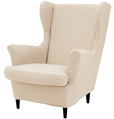 Highdi 2 Pezzi Copripoltrona con Orecchie Elasticizzato, Tinta Unita Copridivano da 1 Posto con Fodera per Cuscino, Lavabile per Reception Bar Soggiorno Camera da Letto (Beige)