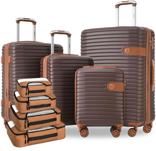 Merax Hardshell Luggage Sets 4 piece Lightweight Suitcases With Wheels TSA Lock Expandable (only 24”/28”) ABS Large Luggage set (Brown)