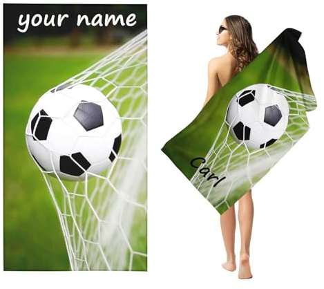 Fadaing Personalisiert Fußball Strandtuch Mit Namen, Fußball Handtuch mit Namen Badetuch für Jungen, Mikrofaser Strandtuch Groß 90x180cm Badetuch Handtuch Fußball für Strand (80 x 150 cm,1)