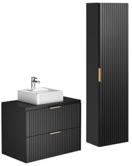 Vente-unique-Mobile per bagno sospeso con scanalature e lavabo da appoggio e colonna 80 cm Nero - ZEVARA