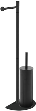 Piantana wc salvaspazio nero opaco in acciaio con portarotolo e portascopino, base autoportante ultrapiatta