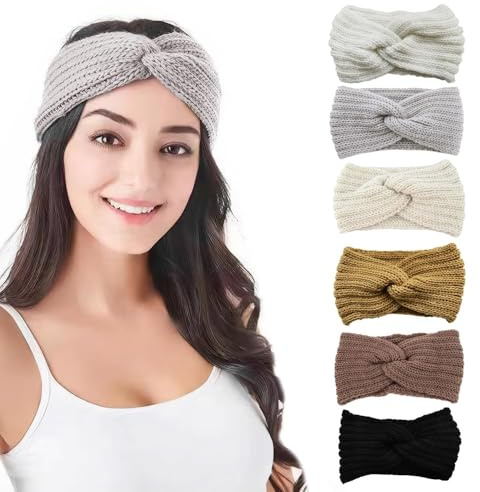 TOEECY 6 Piezas Diademas Tejidas Turbante Punto Cruzado Cinta Cabeza Invierno Elásticas Accesorios Pelo Mujer Calentador Oreja Lana